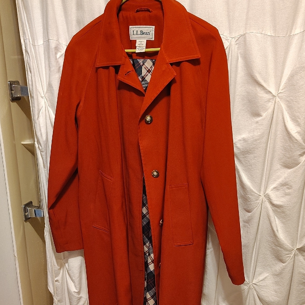 L.L. Bean Women's  Bold Red Trench Coat With Blue Plaid Lining . Very Nice.